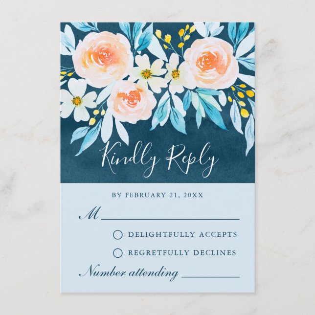 Modern Navy Blue Watercolor Floral RSVP Card (Front)