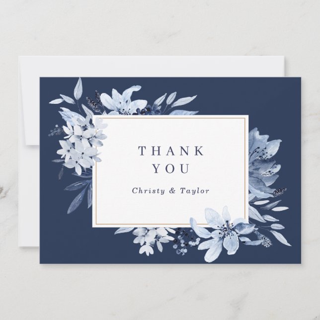 Modern Navy Blue Watercolor Floral Thank You Card (Front)
