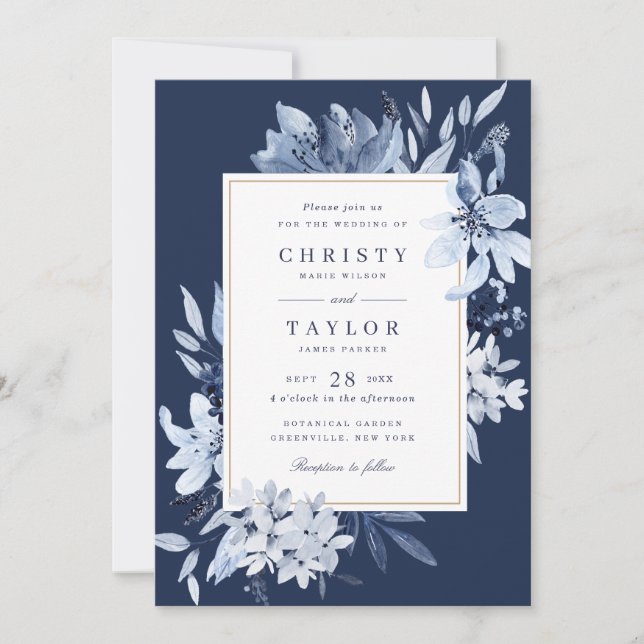 Modern Navy Blue Watercolor Floral Wedding Invitation (Front)
