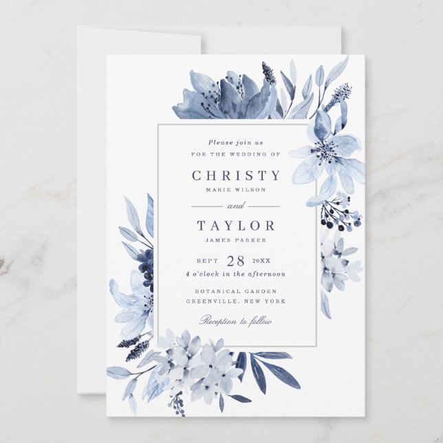 Modern Navy Blue Watercolor Floral Wedding Invitation (Front)