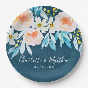 Modern Navy Blue Watercolor Floral Wedding Paper Plate