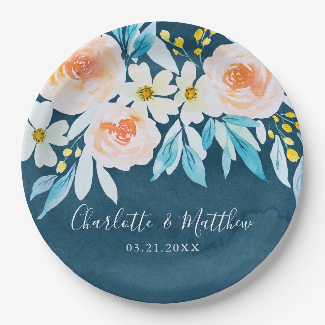 Modern Navy Blue Watercolor Floral Wedding Paper Plate (Front)