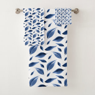 Modern Navy Blue Watercolor Leaves Pattern Bath Towel Set