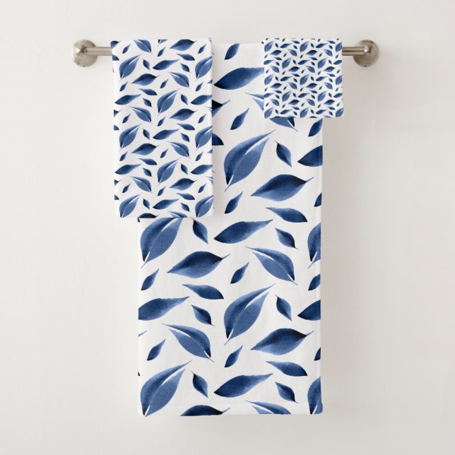 Modern Navy Blue Watercolor Leaves Pattern Bath Towel Set (Insitu)