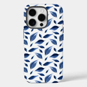 Modern Navy Blue Watercolor Leaves Pattern iPhone 16 Pro Case