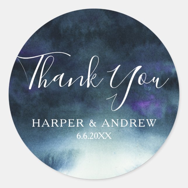 Modern Navy Blue Watercolor | Thank You Classic Round Sticker (Front)