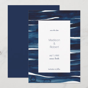 Modern Navy Blue Watercolor Waves Save the Date Invitation