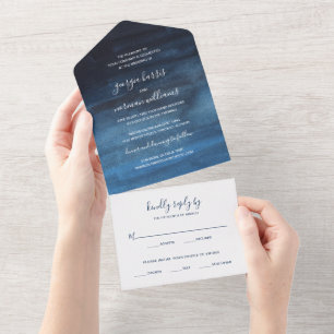 Modern Navy Blue Watercolor Wedding All In One Inv All In One Invitation