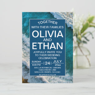 Modern Navy Blue Waves Summer Beach Wedding Invitation