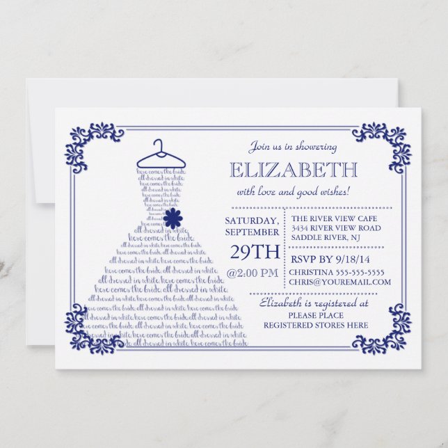 Modern Navy Blue Wedding Dress Bridal Shower Invitation (Front)