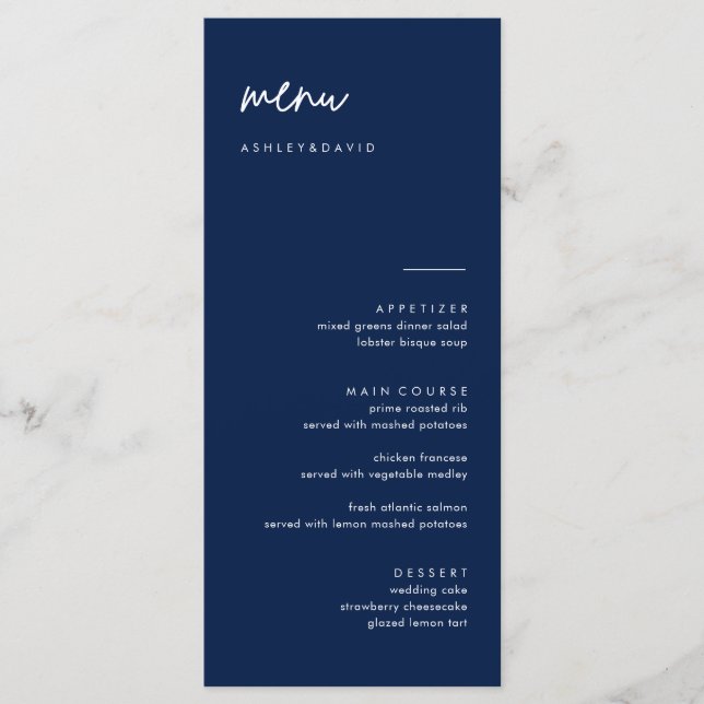 Modern Navy Blue Wedding Menu Cards (Front)