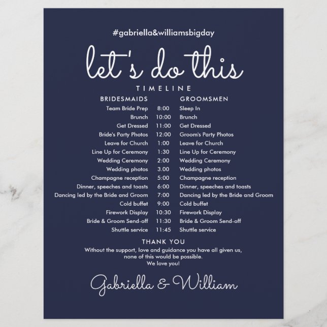 Modern Navy Blue Wedding Schedule Timeline (Front)