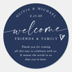 Modern Navy Blue Wedding Welcome Hotel Bag Classic Round Sticker