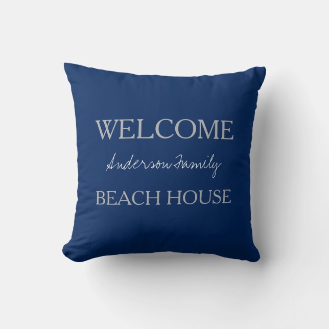 Modern navy blue Welcome beach house family name Cushion (Front)
