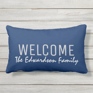 Modern navy blue Welcome Family monogram custom Lumbar Cushion