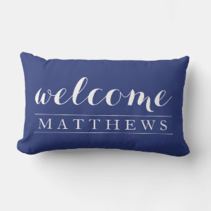 Modern navy blue Welcome Home Custom Last Name Lumbar Cushion