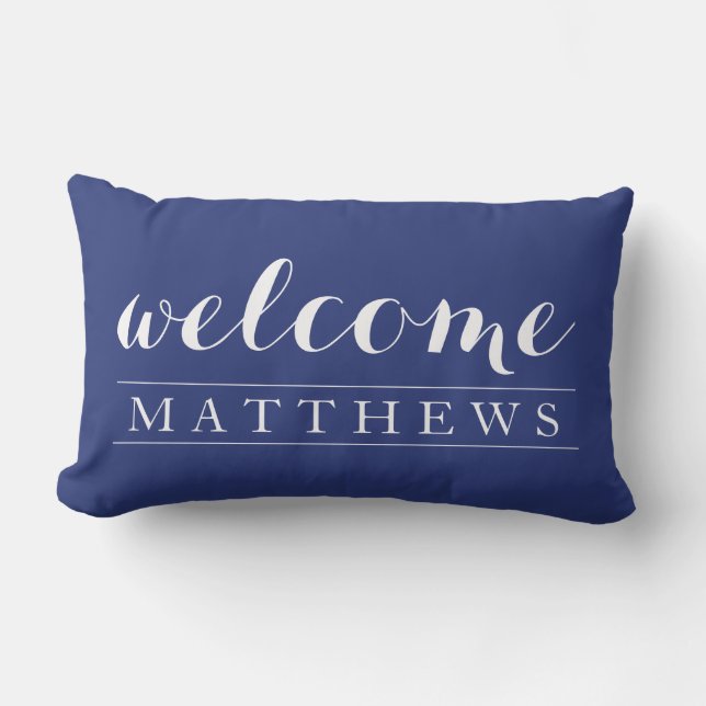 Modern navy blue Welcome Home Custom Last Name Lumbar Cushion (Front)