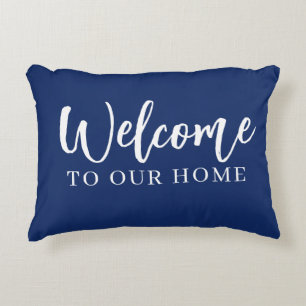 Modern Navy Blue "Welcome To Our Home" Lumbar Decorative Cushion