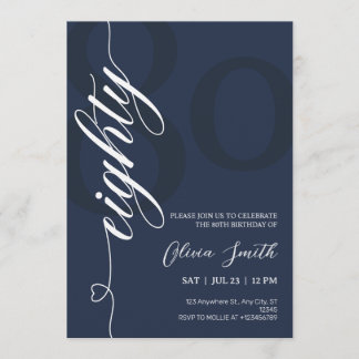 Modern Navy Blue & White 80th Birthday Party Invitation