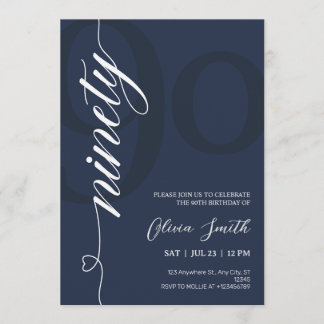 Modern Navy Blue & White 90th Birthday Party Invitation
