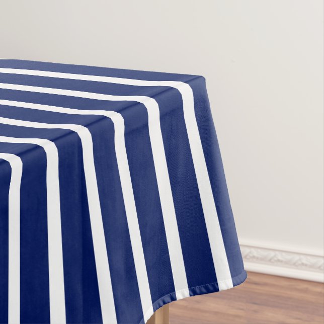 Modern navy blue & white bold stripes chic tablecloth (In Situ)