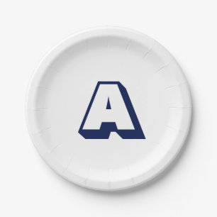 Modern navy blue white Custom initial monogram Paper Plate