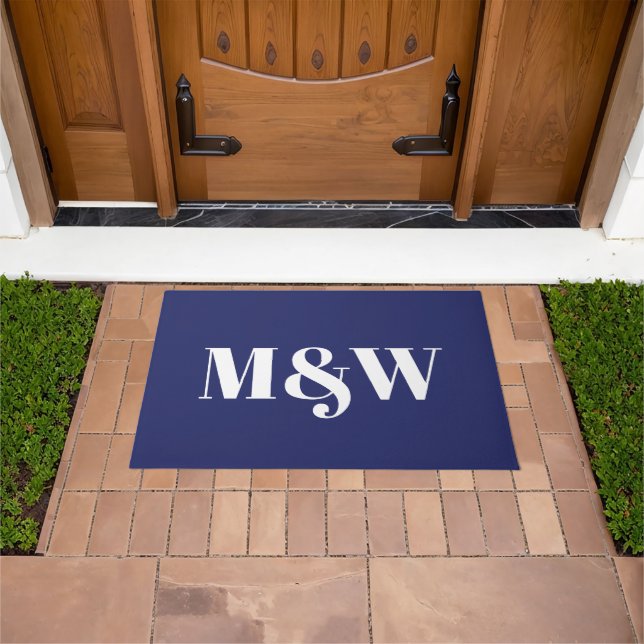 Modern navy blue white custom monogram initials doormat (Outdoor)