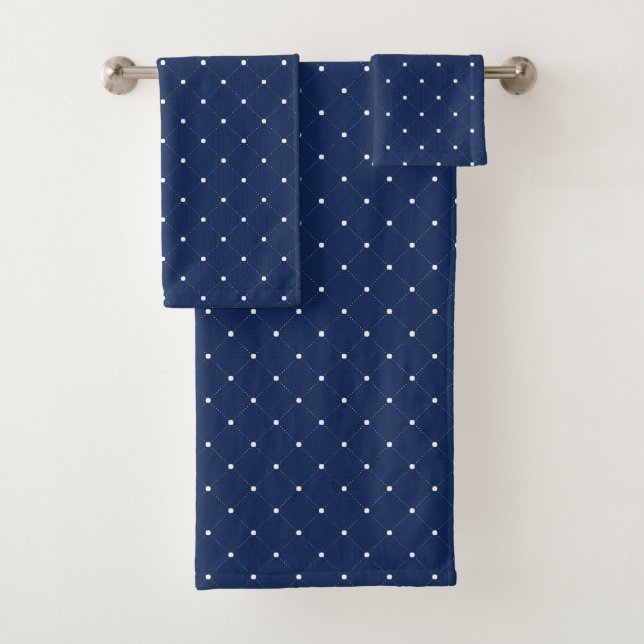 Modern Navy Blue & White Dot Chequered Pattern Bath Towel Set (Insitu)