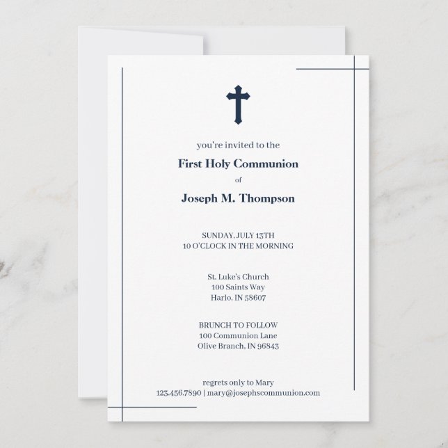 Modern Navy Blue & White First Holy Communion Thank You Card (Front)