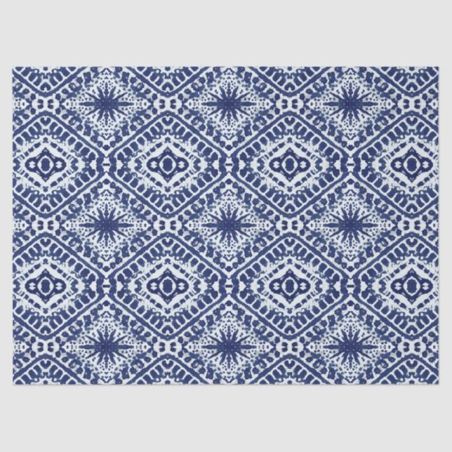 Modern Navy Blue White Geometric Batik Stars Tissue Paper (Front)