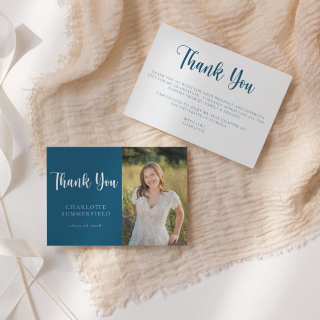 Modern Navy Blue White Graduation Thank You Card (Creator Uploaded)