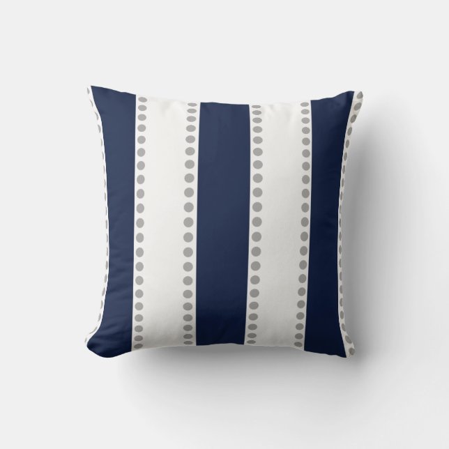 Modern Navy Blue White Grey Polka Dots Stripes | Cushion (Front)