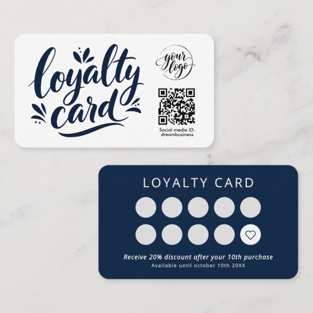 Modern Navy Blue White Logo QR Code Small Business Loyalty Card (Front/Back)