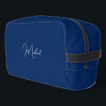 Modern Navy Blue White Monogram Mens Womens Travel Dopp Kit<br><div class="desc">Create your own custom, personalised, beautiful modern elegant white script / typography monogram monogrammed, durable Polyester Poplin, sturdy polyester fabric mens womens kids solid dark navy blue cosmetic makeup toiletry organiser golf beach accessory gym travel dopp kit bag pouch with a zippered closure, two interior mesh pockets - one zippered...</div>