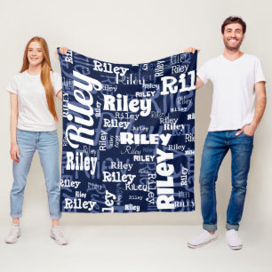 Modern Navy Blue White Name Repeating Pattern Fleece Blanket