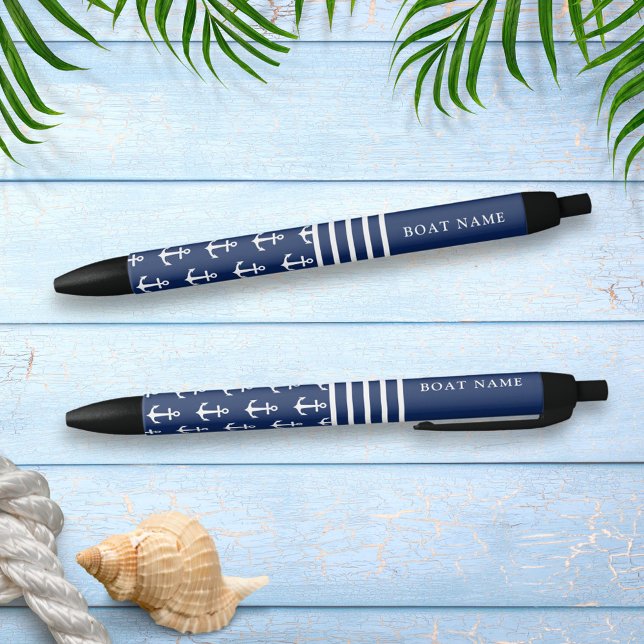 Modern Navy Blue White Nautical Anchor Boat Name Ink Pen (Creator Uploaded)