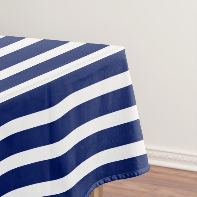 Modern navy blue white nautical stripes elegant tablecloth (In Situ)