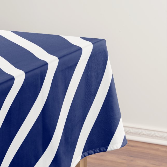 Modern navy blue & white oblique stripes elegant tablecloth (In Situ)