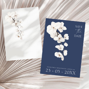 Modern Navy Blue White Orchid Wedding Save The Date