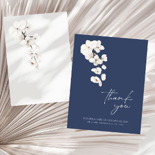 Modern Navy Blue White Orchids Flowers Wedding Thank You Card