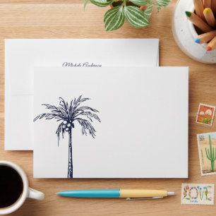 Modern Navy Blue White Palm Tree Beach Wedding Envelope
