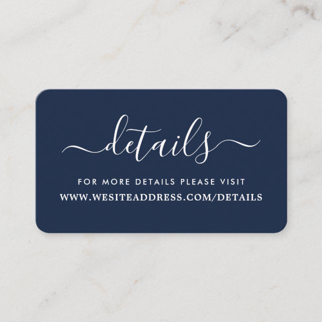 Modern Navy Blue & White Simple Script Details Enclosure Card (Front)