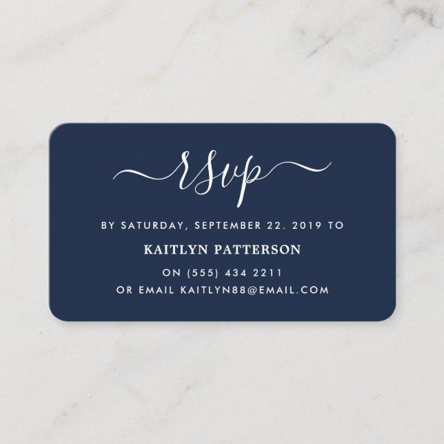 Modern Navy Blue & White Simple Script RSVP Enclosure Card (Front)