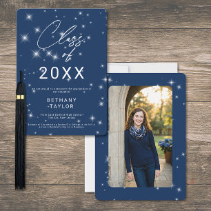 Modern Navy Blue & White Sparkle Graduation Announcement