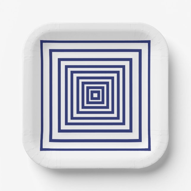 Modern navy blue white squares geometric pattern paper plate (Front)