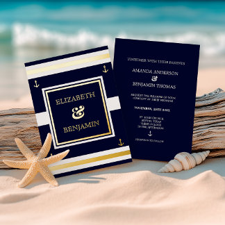 Modern Navy Blue White Stripe Anchor Wedding Gold 