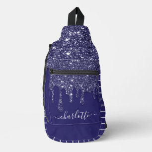 Modern Navy Blue White Stripe Glitter Dripping Sling Bag