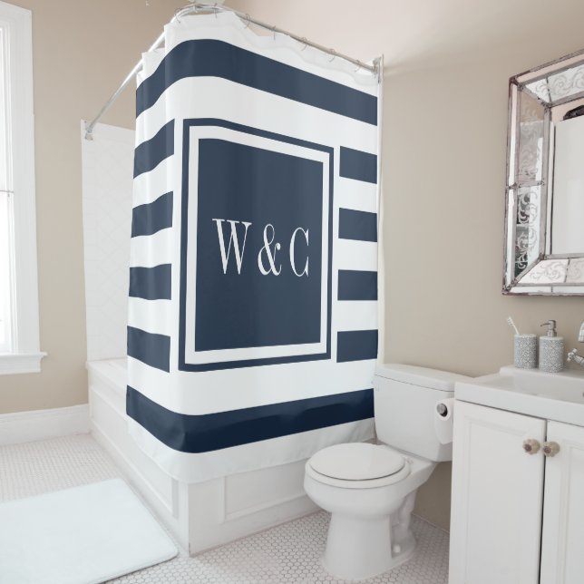 Modern Navy Blue White Stripe Trendy Monogram Shower Curtain (In Situ)