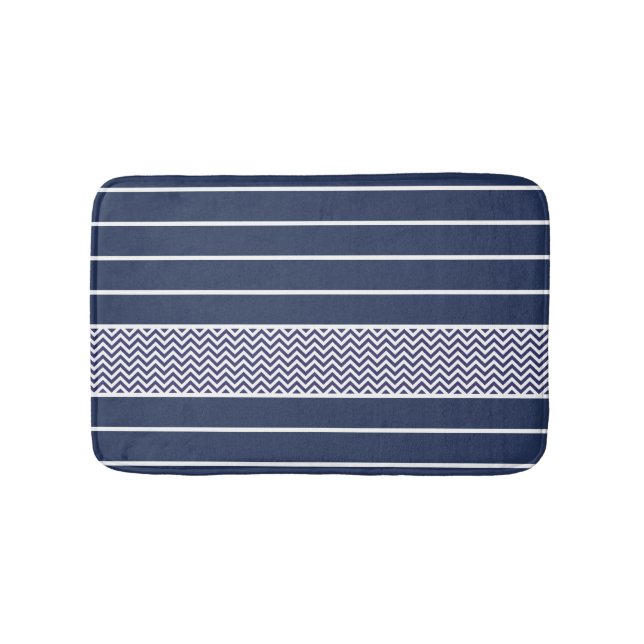 Modern Navy Blue White Stripes Chevron Pattern Bath Mat (Front)