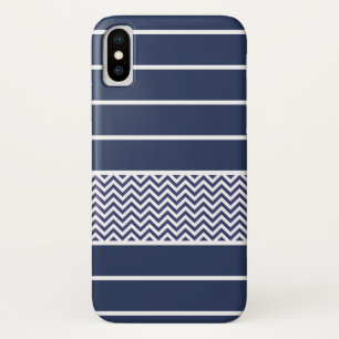 Modern Navy Blue White Stripes Chevron Pattern iPhone X Case
